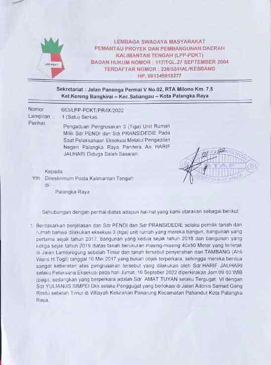 Poto Surat Pengaduan LSM LPP-PDKT ( Lembaga Swadaya Pemantau Proyek Dan Pembangunan Daerah Kalimantan Tengah )